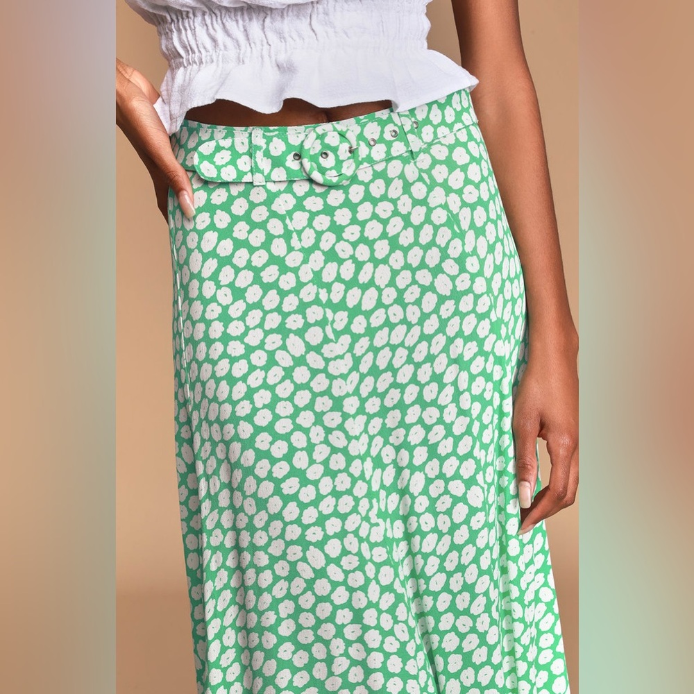 Valensole Green Floral Print Belted Midi Skirt, US 6 - Picture 4 of 7